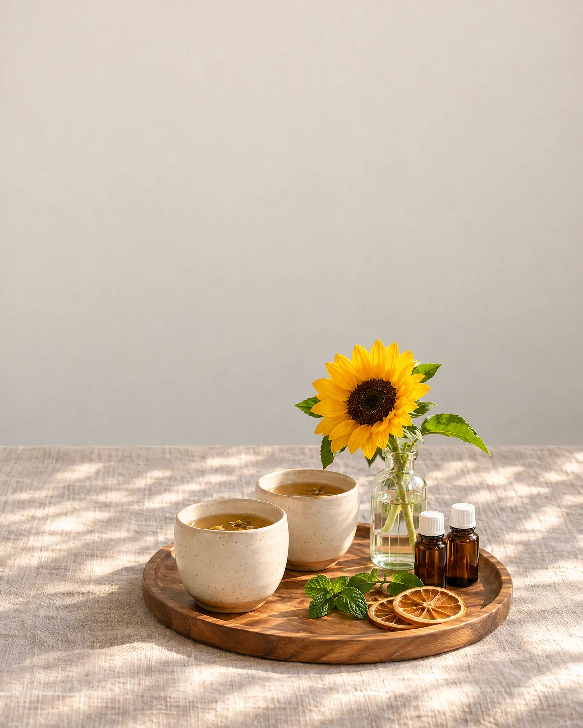 Two cups of herbal tea, a sunflower and two small bottles of essential oil on a wooden tray